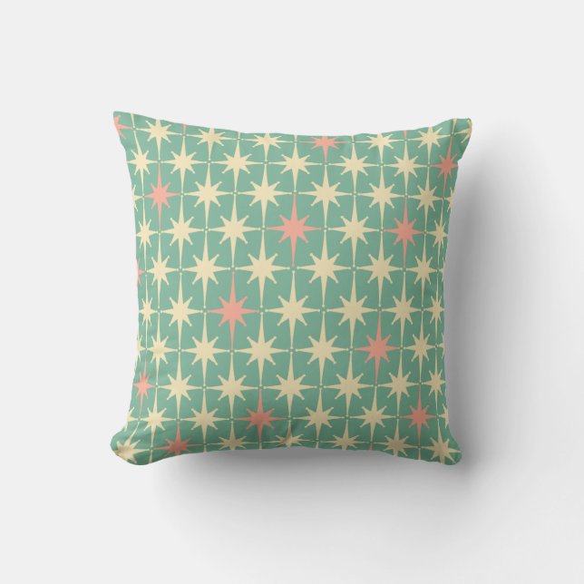 Retro 50s Star Pattern Teal Mint Pink Cream Throw Pillow (Front)