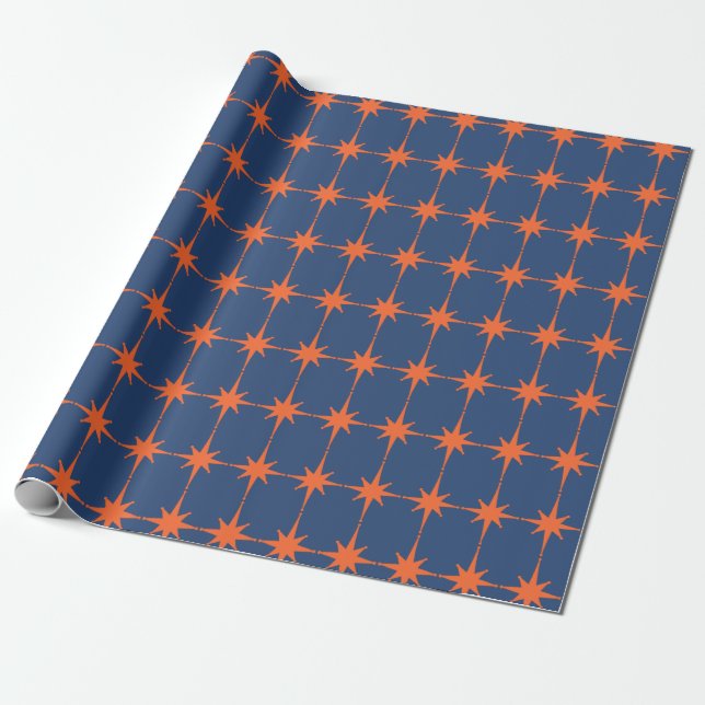 Retro 50s Starburst Pattern Orange and Blue Wrapping Paper (Unrolled)
