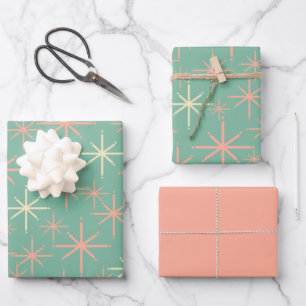 Retro 50s Starbursts in Mint and Blush Wrapping Paper Sheets