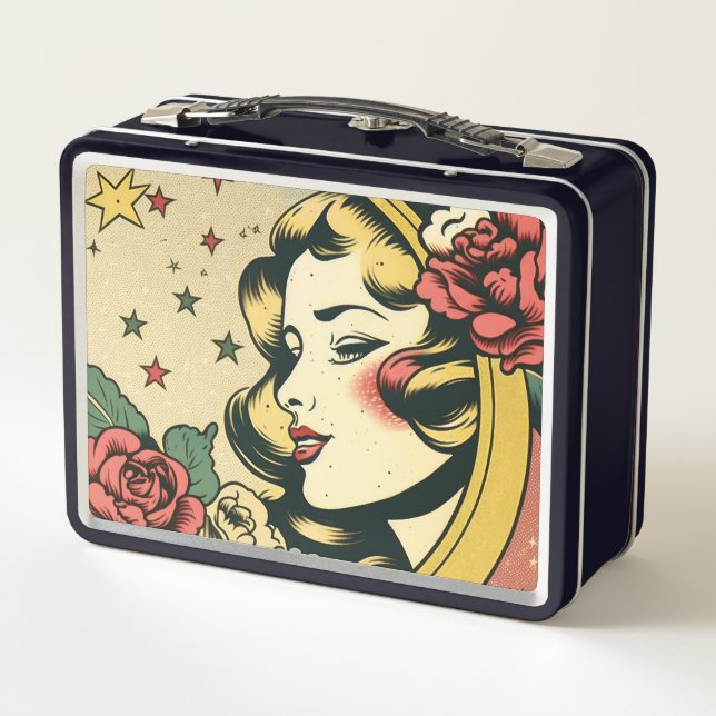Retro 50s Style Crescent Moon Lady Metal Lunch Box (Back)