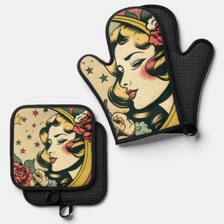 Retro 50s Style Crescent Moon Lady Oven Mitt & Pot Holder Set