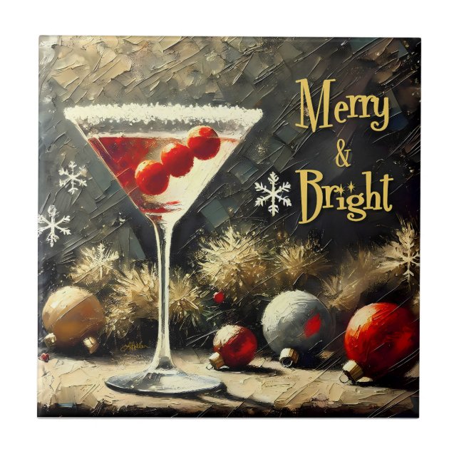 Retro 50s Triple Cranberry Christmas Martini Ceramic Tile (Front)