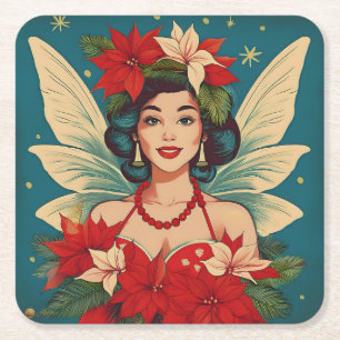 Retro 50s Tropical Christmas Pin-Up Beauty Queen Square Paper Coaster