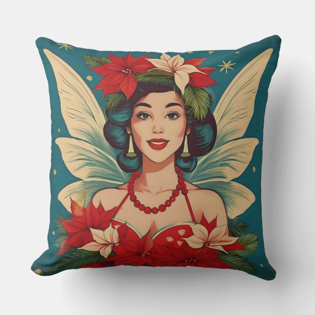 Retro 50s Tropical Christmas Pin-Up Beauty Queen Throw Pillow (Front)