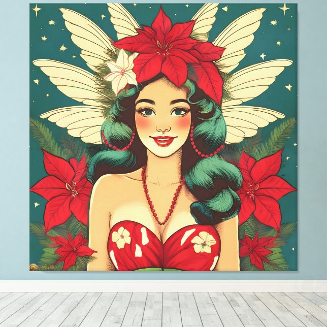 Retro 50s Tropical Christmas Pin-Up Girl Canvas Print (Insitu(Wood Floor))