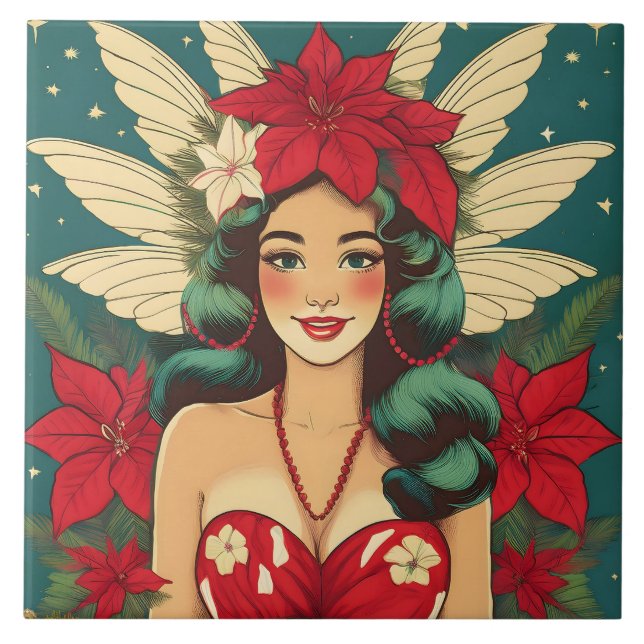 Retro 50s Tropical Christmas Pin-Up Girl Ceramic Tile (Front)
