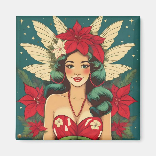 Retro 50s Tropical Christmas Pin-Up Girl Magnet (Front)