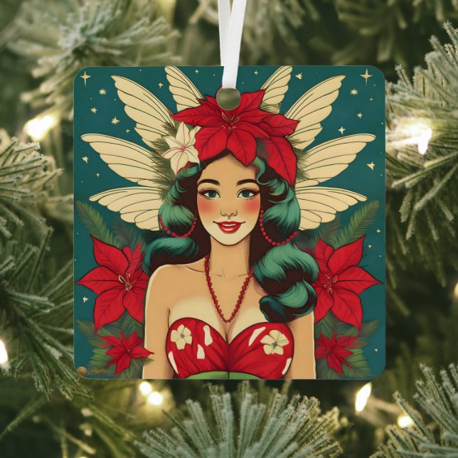 Retro 50s Tropical Christmas Pin-Up Girl Metal Ornament (Insitu)