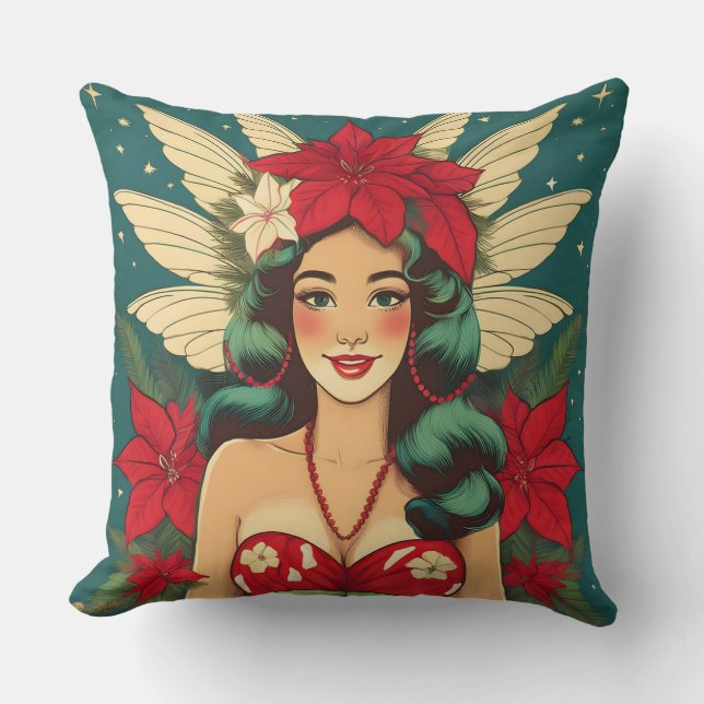 Retro 50s Tropical Christmas Pin-Up Girl Throw Pillow (Front)