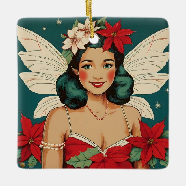 Retro 50s Tropical Christmas Pin-Up Starlet Ceramic Ornament (Front)