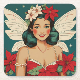 Retro 50s Tropical Christmas Pin-Up Starlet Square Paper Coaster