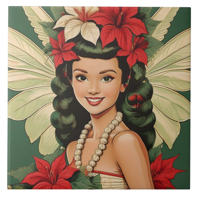 Retro 50s Tropical Christmas Princess Ceramic Tile (Front)