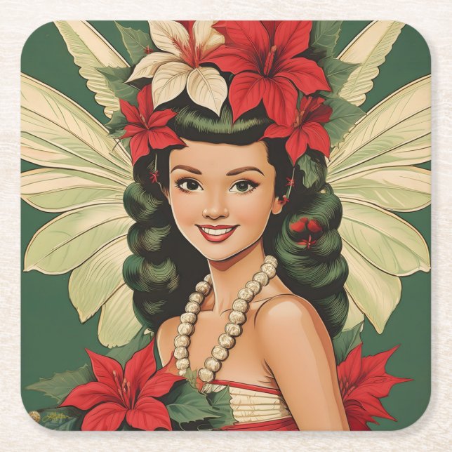 Retro 50s Tropical Christmas Princess Square Paper Coaster (Front)