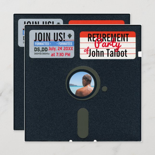 Retro 5.25 Floppy Disk Retirement Party invite (Front/Back)