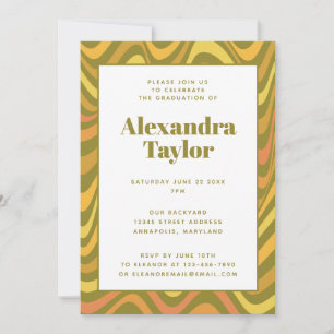 Retro 60s 70s Abstract Groovy Green Graduation  Invitation