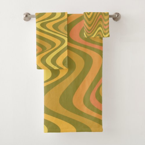 Retro 60s 70s Abstract Lines Pattern Green Yellow Bath Towel Set