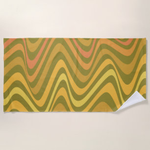 Retro 60s 70s Abstract Lines Pattern Green Yellow Beach Towel