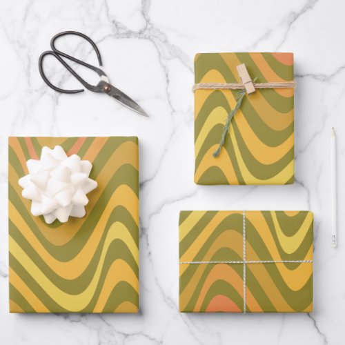 Retro 60s 70s Abstract Lines Pattern Green Yellow  Wrapping Paper Sheets