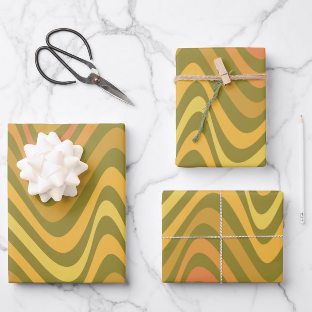 Retro 60s 70s Abstract Lines Pattern Green Yellow  Wrapping Paper Sheets (Front)