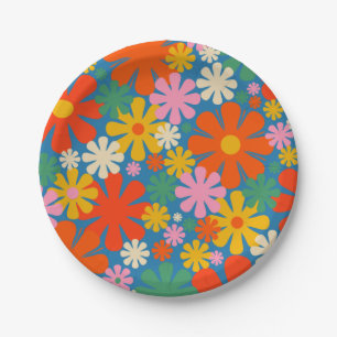 Retro 60s 70s Aesthetic Colorful Floral Pattern Paper Plates