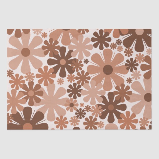 Retro 60s 70s Aesthetic Floral Pattern in Brown Tissue Paper (Front)