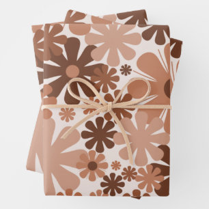 Retro 60s 70s Aesthetic Floral Pattern in Brown Wrapping Paper Sheets