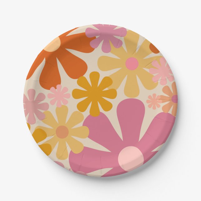 Retro 60s 70s Aesthetic Floral Pattern Paper Plate (Front)
