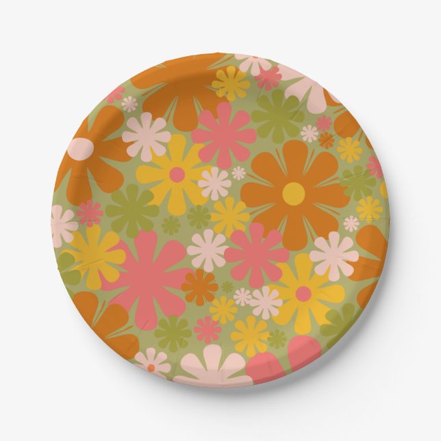 Retro 60s 70s Aesthetic Floral Pattern Paper Plate (Front)