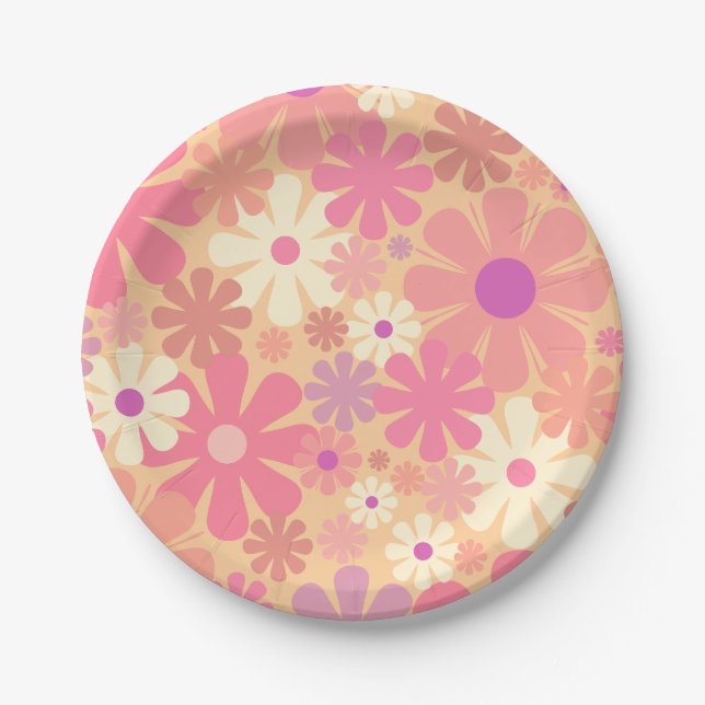 Retro 60s 70s Aesthetic Floral Pattern Paper Plates (Front)
