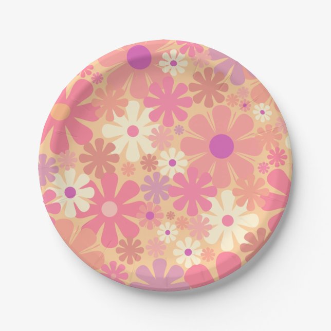 Retro 60s 70s Aesthetic Floral Pattern Paper Plates (Front)