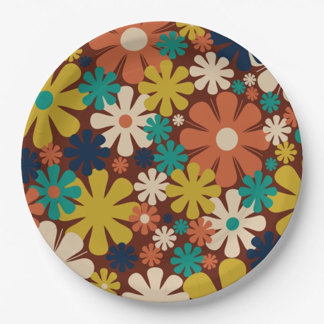 Retro 60s 70s Aesthetic Floral Pattern Paper Plates (Front)