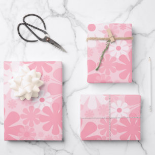 Retro 60s 70s Aesthetic Floral Pattern Pastel Pink Wrapping Paper Sheets