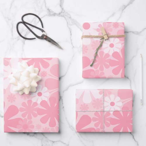 Retro 60s 70s Aesthetic Floral Pattern Pastel Pink Wrapping Paper Sheets