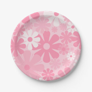 Retro 60s 70s Aesthetic Floral Pattern Pink Paper Plates