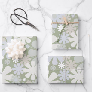 Retro 60s 70s Aesthetic Floral Pattern Sage Green Wrapping Paper Sheets