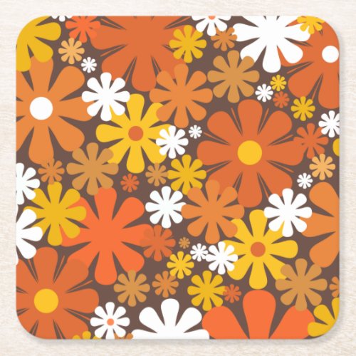 Retro 60s 70s Aesthetic Floral Pattern Square Paper Coaster