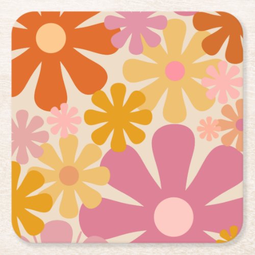 Retro 60s 70s Aesthetic Floral Pattern Square Paper Coaster
