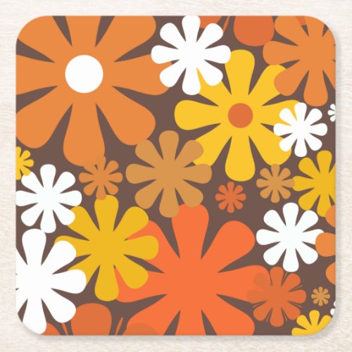 Retro 60s 70s Aesthetic Floral Pattern Square Paper Coaster