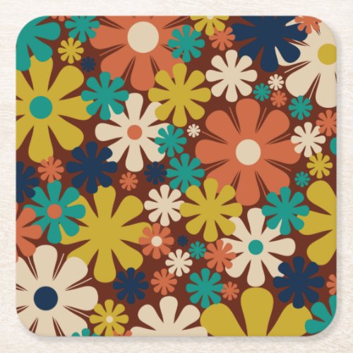 Retro 60s 70s Aesthetic Floral Pattern Square Paper Coaster