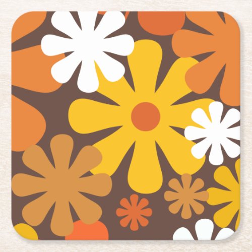 Retro 60s 70s Aesthetic Floral Pattern Square Paper Coaster