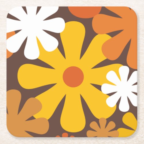 Retro 60s 70s Aesthetic Floral Pattern Square Paper Coaster