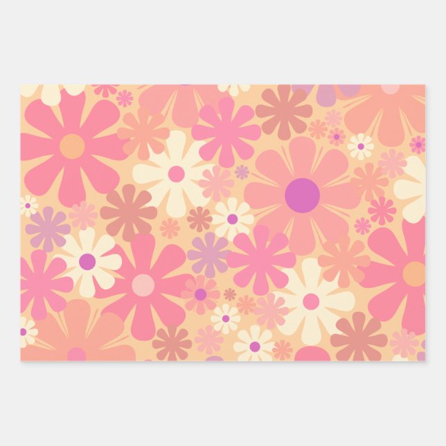Retro 60s 70s Aesthetic Floral Pattern Wrapping Paper Sheets (Front)