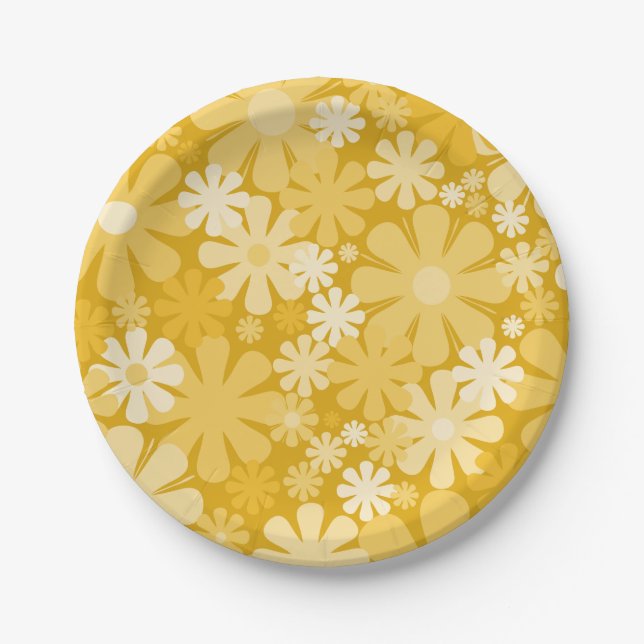 Retro 60s 70s Aesthetic Floral Pattern Yellow Paper Plates (Front)