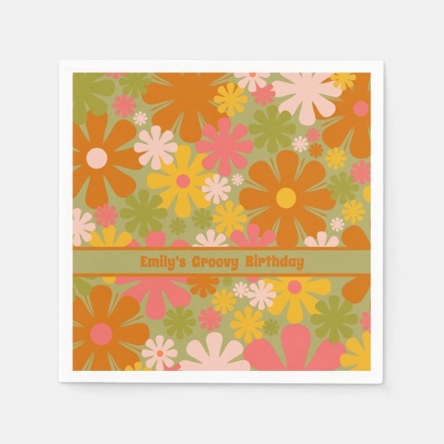 Retro 60s 70s Aesthetic Floral Personalized Groovy Napkins (Front)
