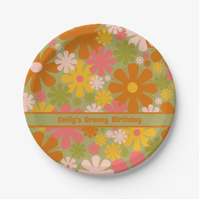 Retro 60s 70s Aesthetic Floral Personalized Groovy Paper Plates (Front)