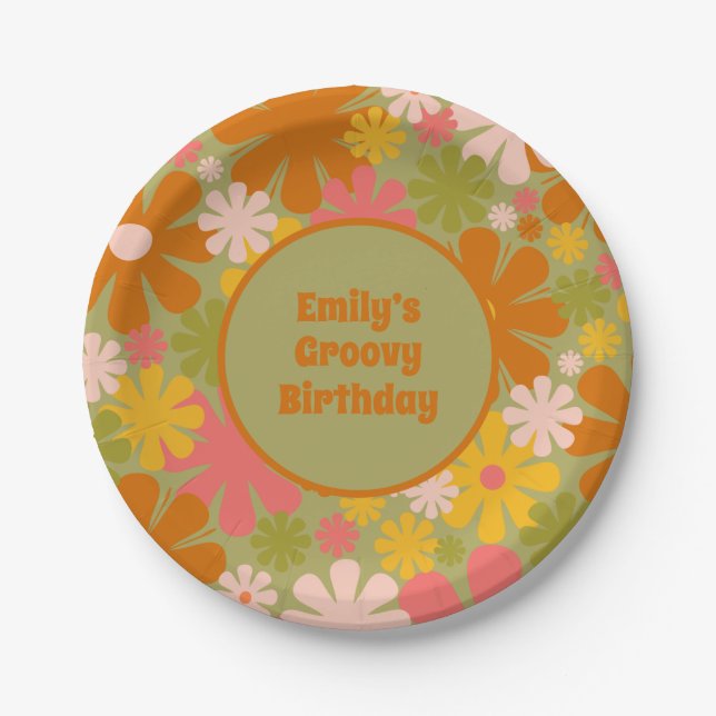 Retro 60s 70s Aesthetic Floral Personalized Groovy Paper Plates (Front)