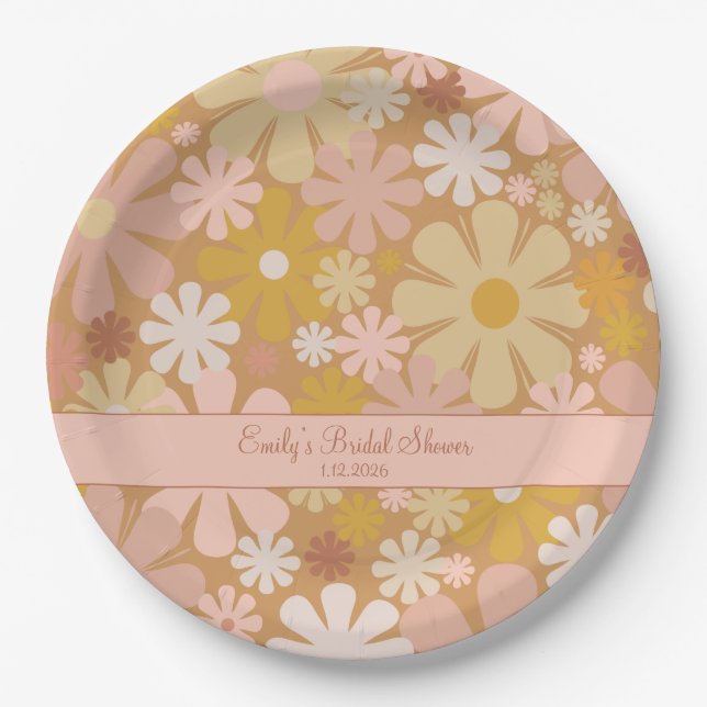 Retro 60s 70s Aesthetic Floral Personalized Paper  Plates (Front)