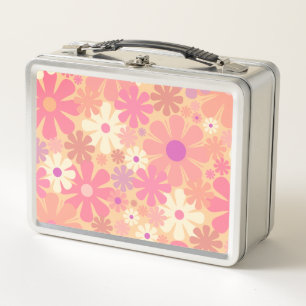 Retro 60s 70s Aesthetic Pink Floral Pattern Metal Lunch Box