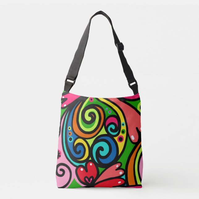 Retro 60s 70s Colorful Doodle Crossbody Bag (Front)