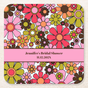 Retro 60s 70s Floral Bridal Shower Square Paper Coaster